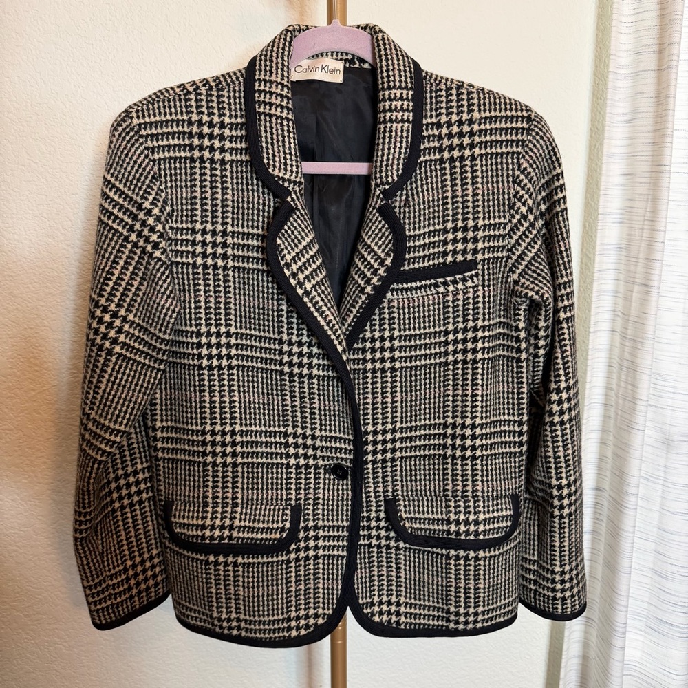 Vintage Calvin Klein Houndstooth Blazer Wool Black Cream